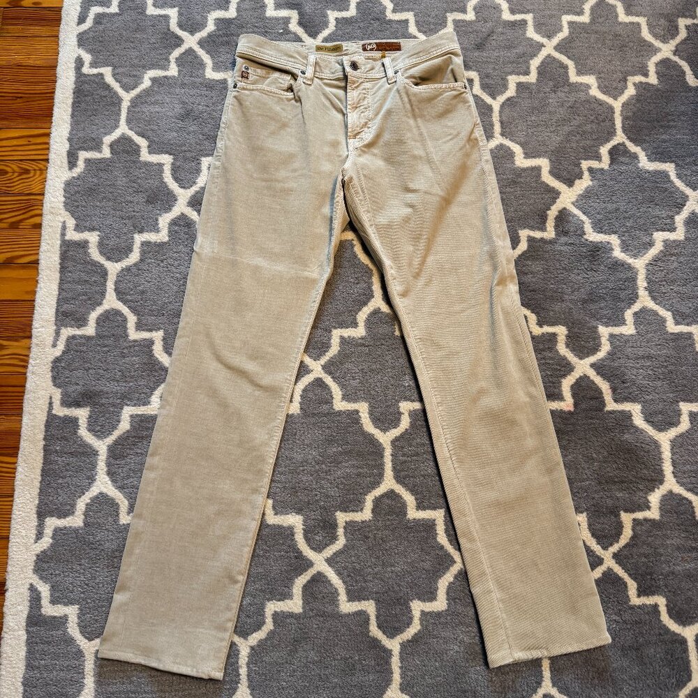 $269 AG Adriano Goldschmeid micro-fiber corduroy cotton blend tan pants 33 x 32